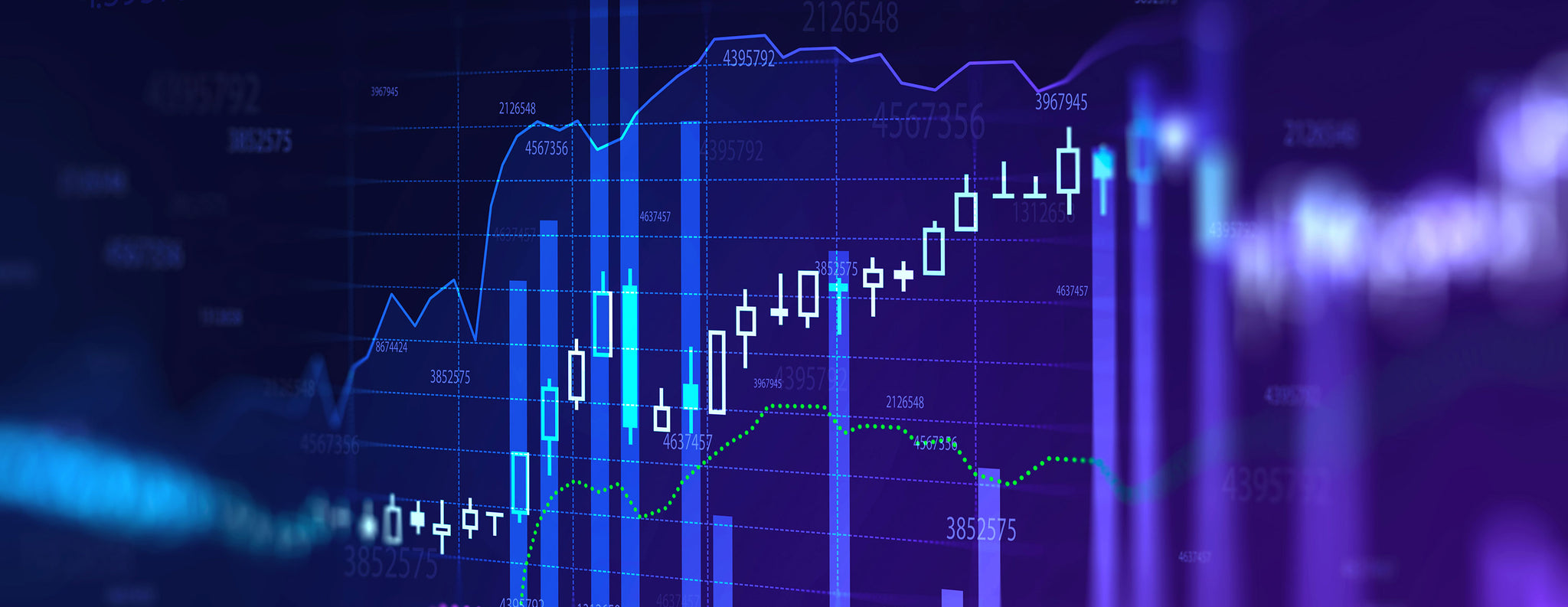  A candlestick chart shows the price movements of a financial asset over time, with green candlesticks indicating an increase in price and red candlesticks indicating a decrease in price.